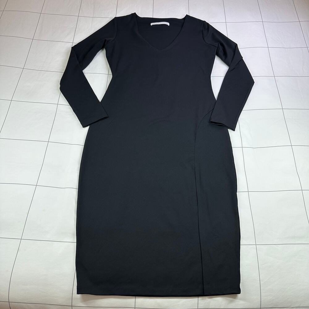 Susana Monaco Dress Womens Large Black V Neck Sheath Long Sleeve Vista Slit LBD